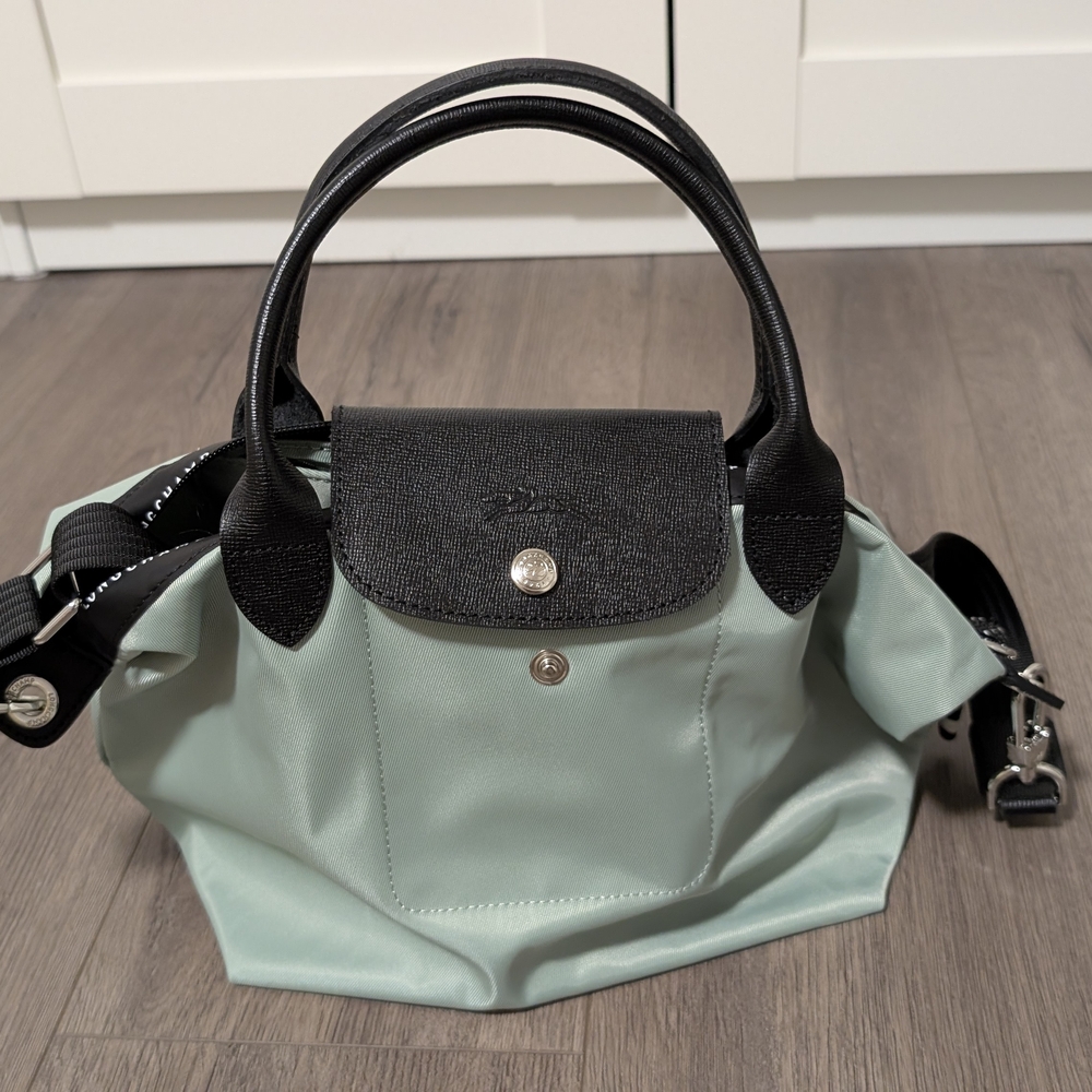 Longchamp Mint Green and Black Le Pliage Satchel